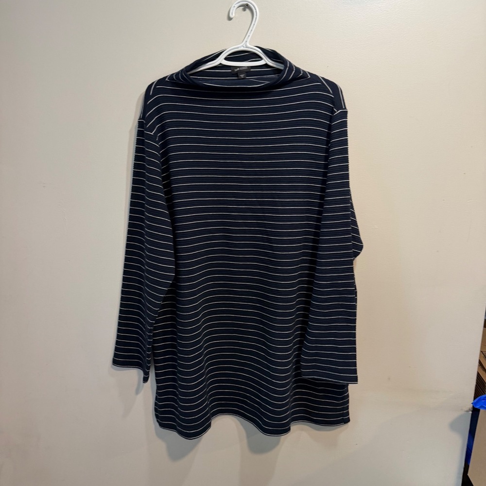 J. Jill Wearever Navy Blue White Striped Mock Neck Tunic Top XL Ribbed Knit